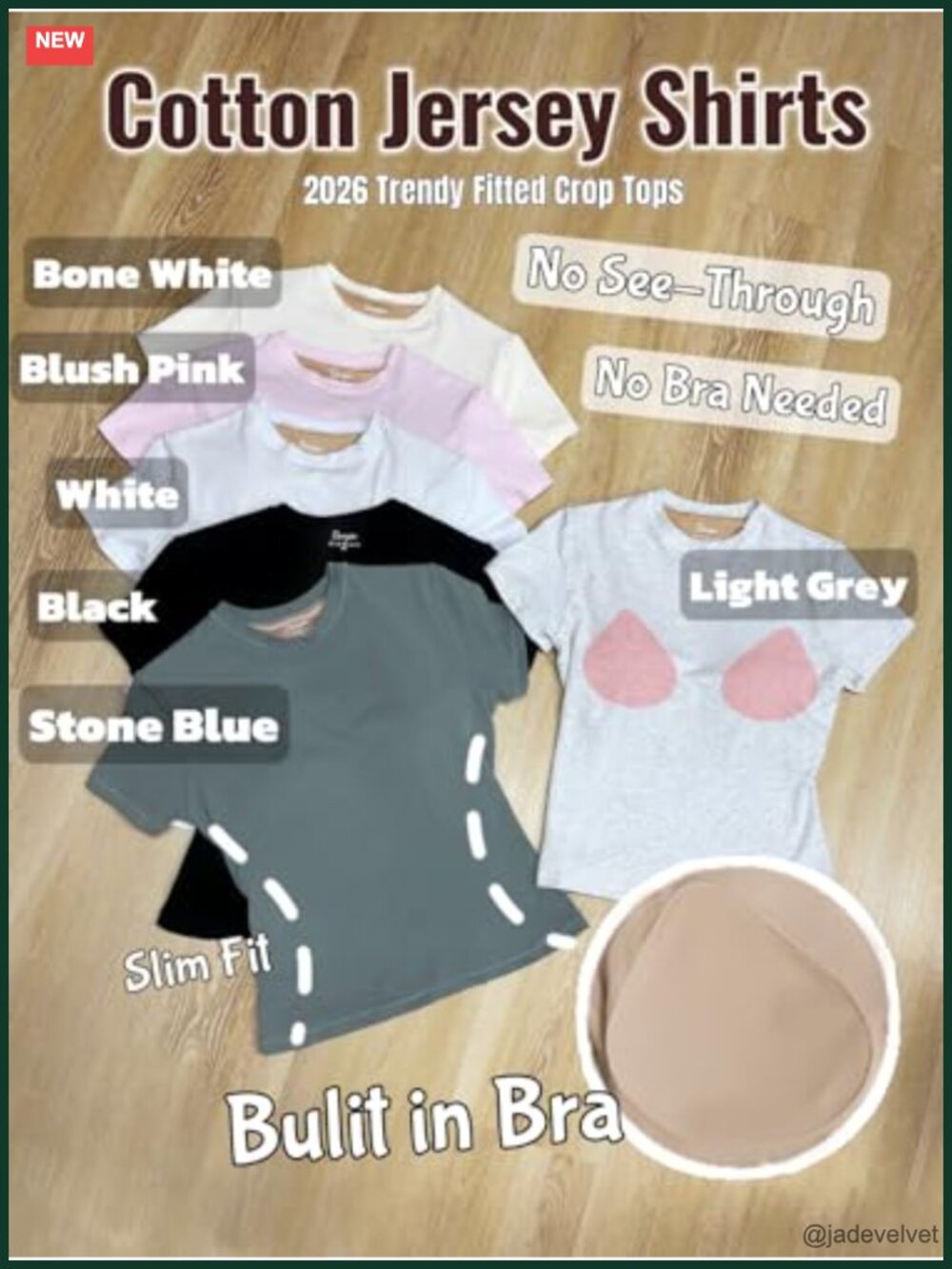 Cotton Jersey T-Shirt with Built-In Bra No See Through Stretchy Fitted Workout - Picture 5 of 7